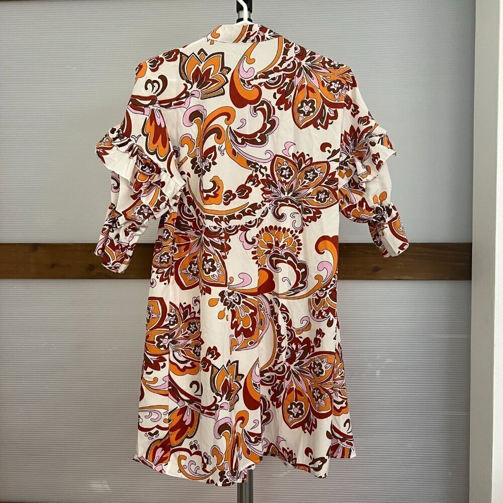 Boho Paisley Floral Ruffle Sleeve Empire Waist Mini Dress Orange Brown White S * - Picture 9 of 13